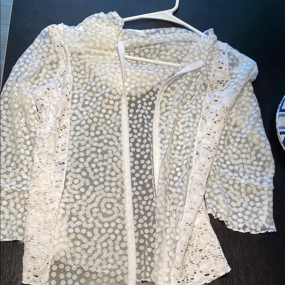 Vine Street Apparel White Sheer Lace Blouse with Hood